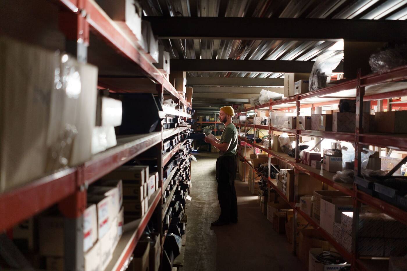 Parts and equipment stock on warehouse shelving